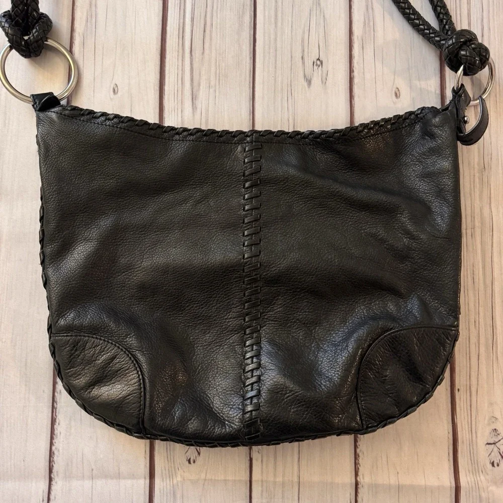 Ralph Lauren Black‎ Leather Braided Strap Hobo Shoulder Bag Whipstitch Rings
